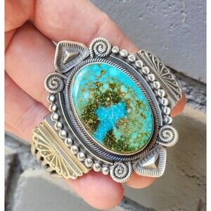 Leon Martinez Navajo Rare Vein Kingman Natural Turquoise Cuff Bracelet sterling